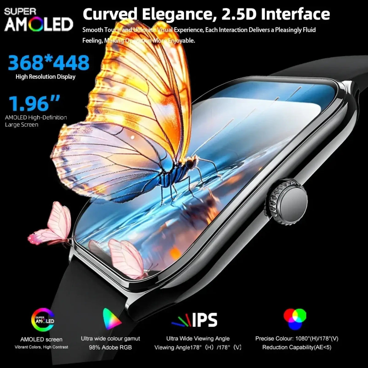 A sleek black ultra thin smartwatch with a curved 2.5d amoled screen shows vibrant orange and pink butterflies