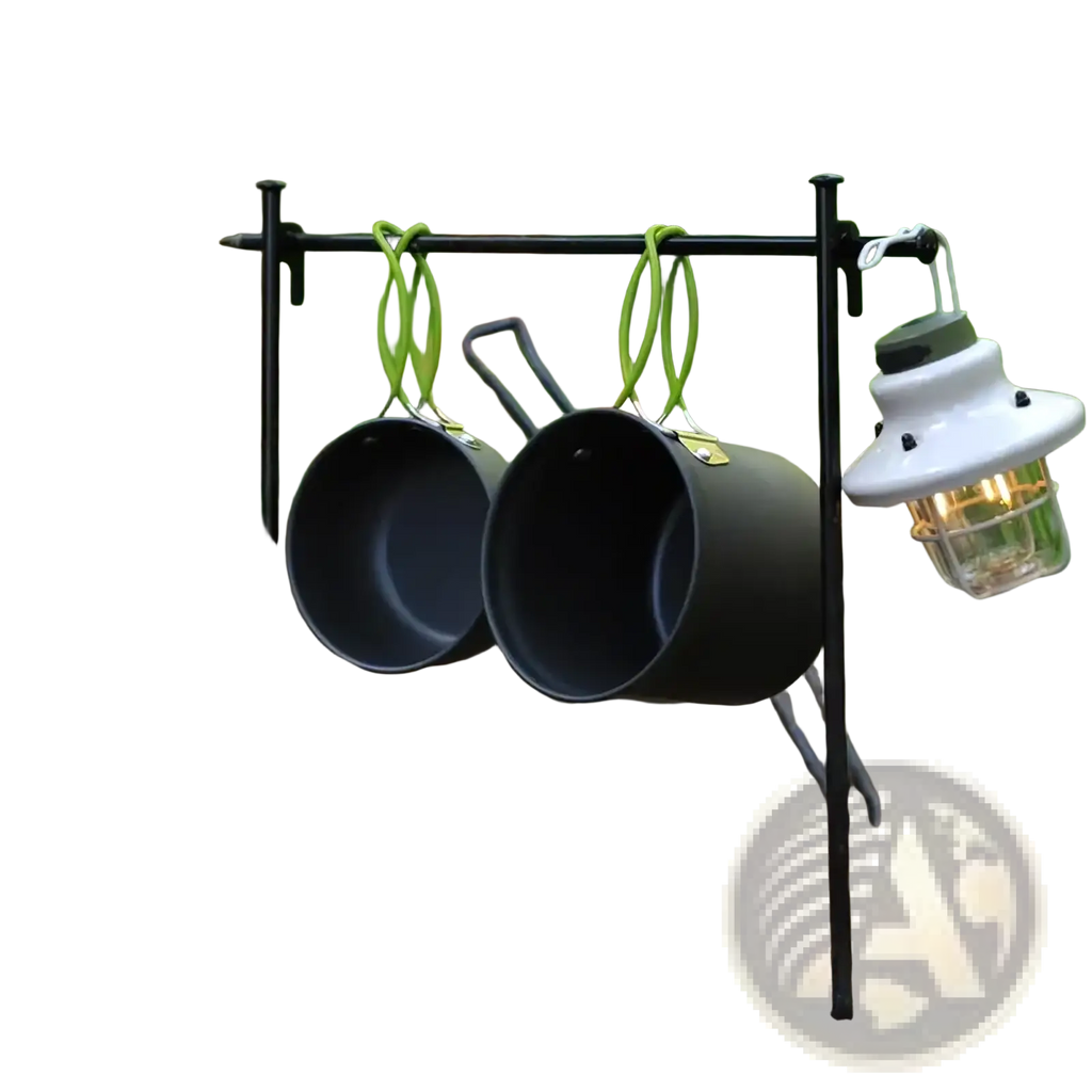 Black aluminum ultralight camping pot rack with two hanging pots and lantern for outdoor cookware mess kit