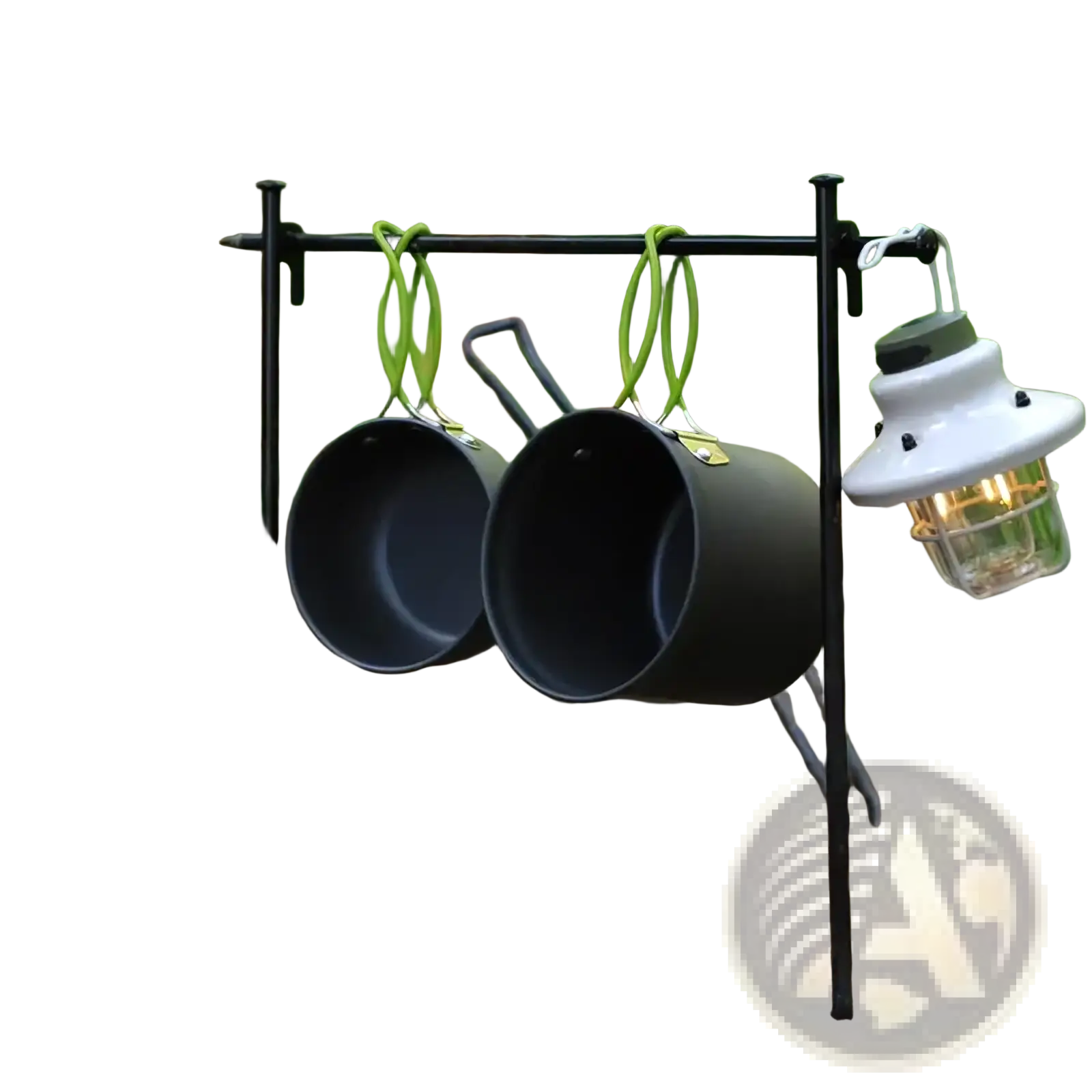Black aluminum ultralight camping pot rack with two hanging pots and lantern for outdoor cookware mess kit