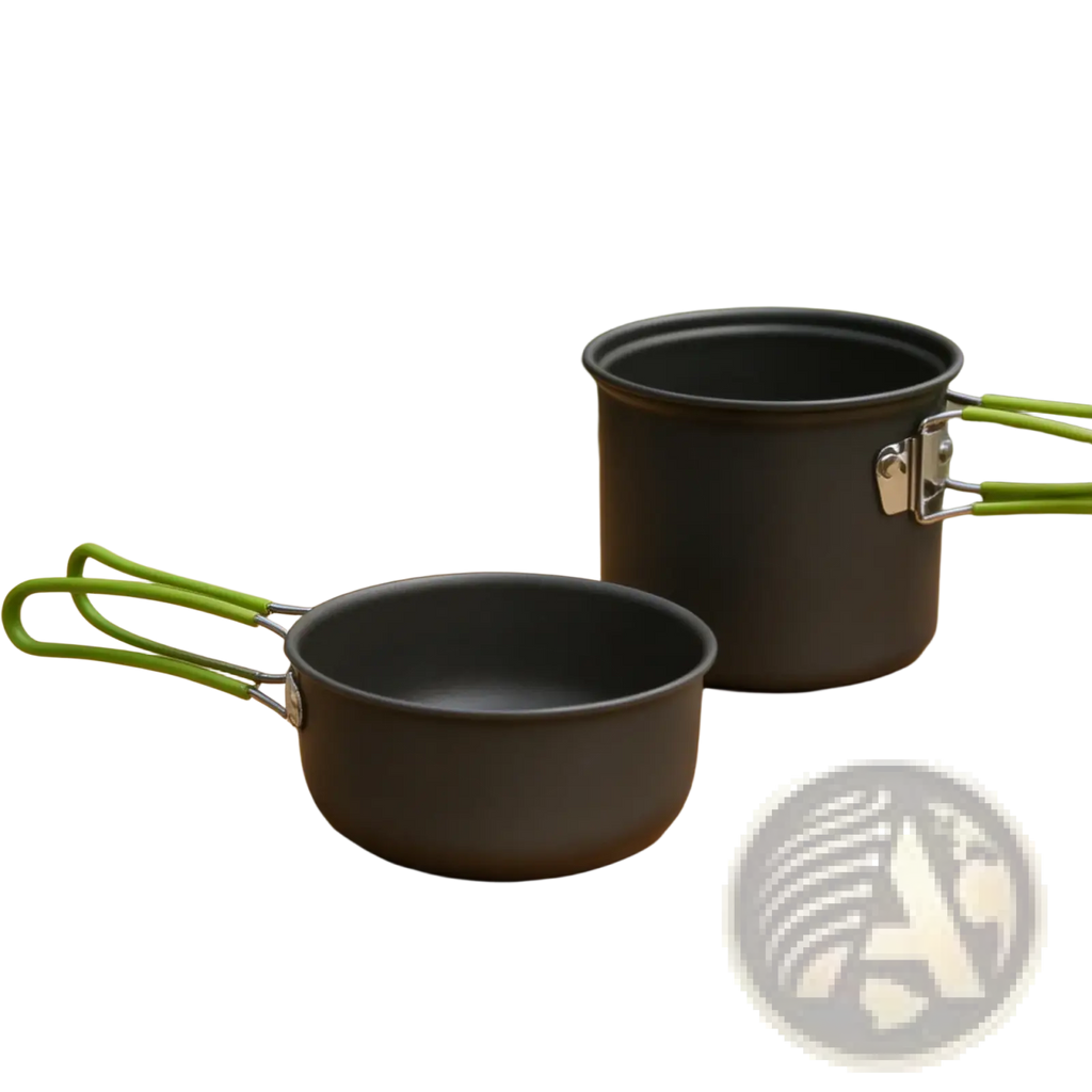 Ultralight camping pot set cookware mess kit in black with bright green handles and silver metal clasps for outdoor use