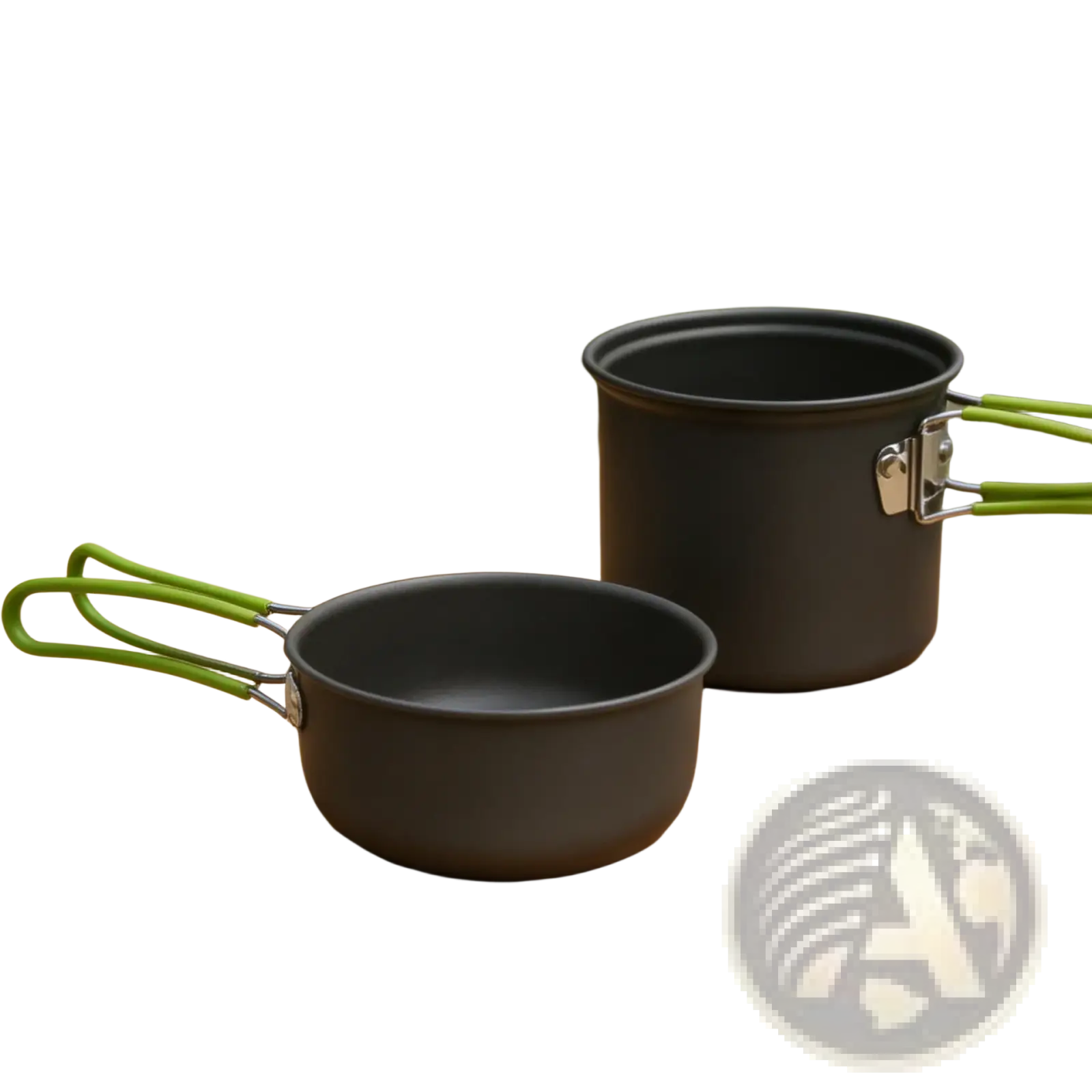Ultralight camping pot set cookware mess kit in black with bright green handles and silver metal clasps for outdoor use