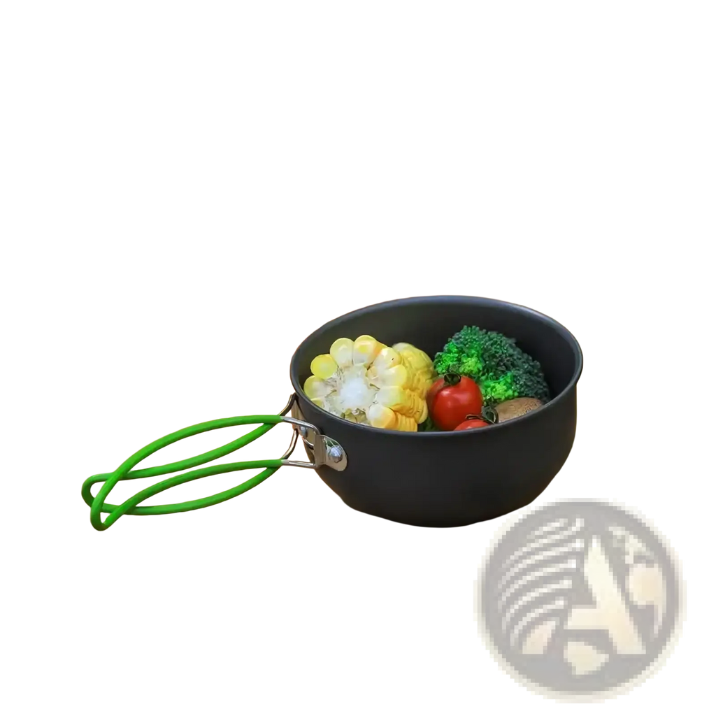 Black ultralight camping pot with bright green silicone handle holding cooked vegetables for outdoor cookware use