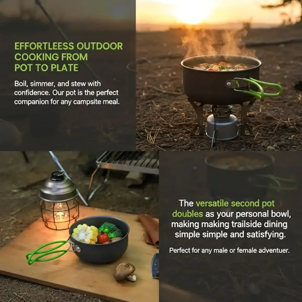 Black ultralight camping pot set with green handle and matching stand for outdoor cookware mess kit use