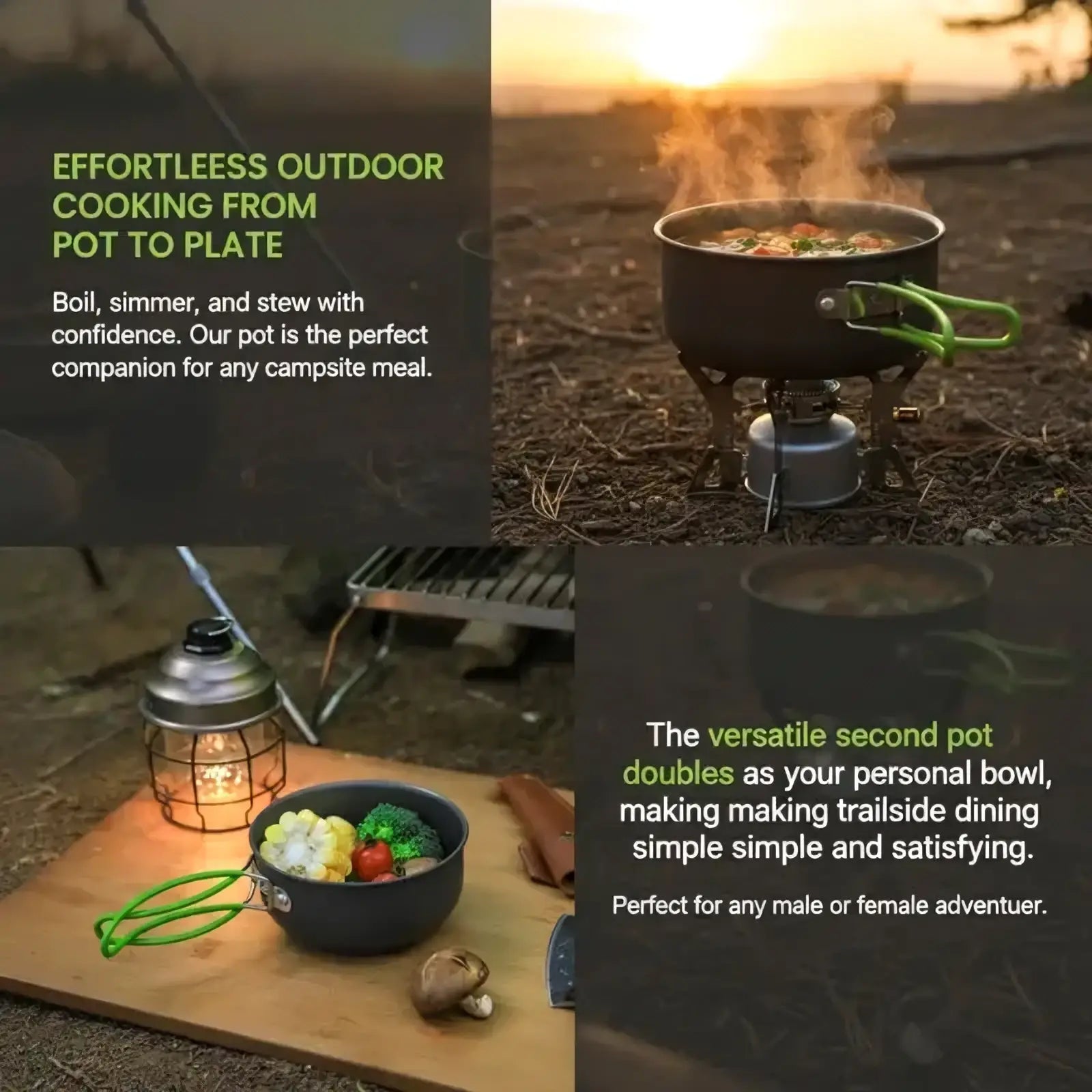 Black ultralight camping pot set with green handle and matching stand for outdoor cookware mess kit use