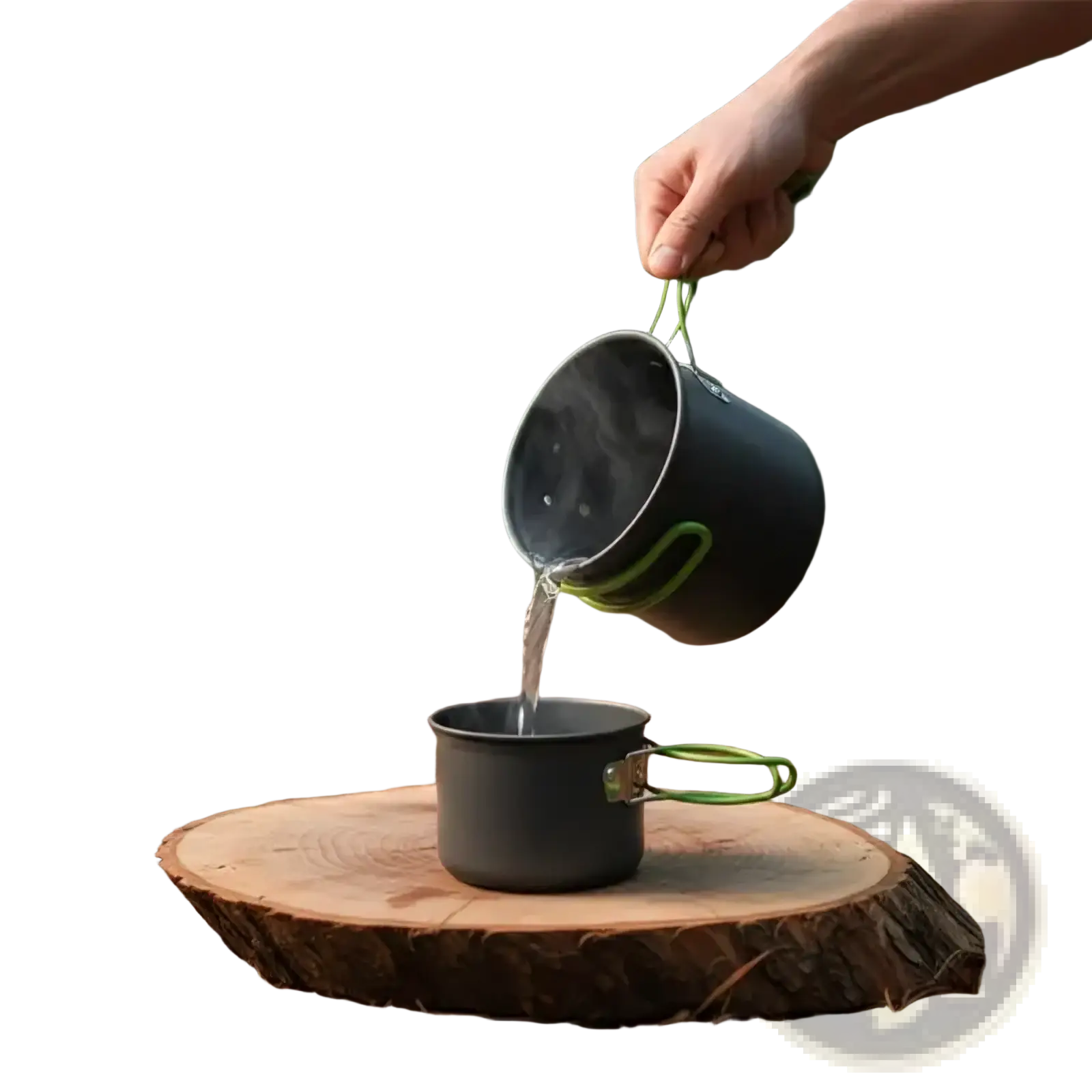 Black ultralight camping pot set with green silicone handles being poured between pots for outdoor cooking use
