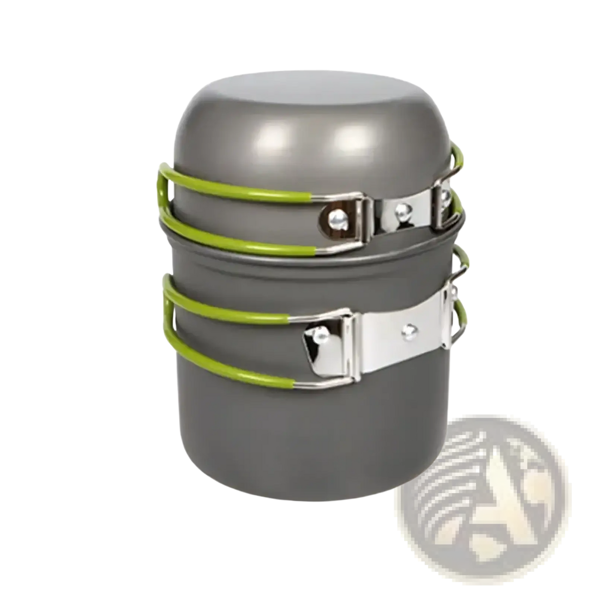 Ultralight camping pot set cookware mess kit in gray aluminum with lime green silicone straps and silver metal clasps
