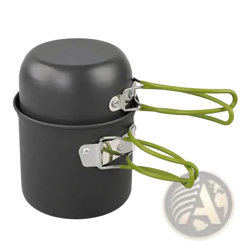 Black aluminum ultralight camping pot set with lime green wire handles and silver clasps for outdoor cooking