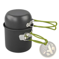 Black aluminum ultralight camping pot set with lime green wire handles and silver clasps for outdoor cooking