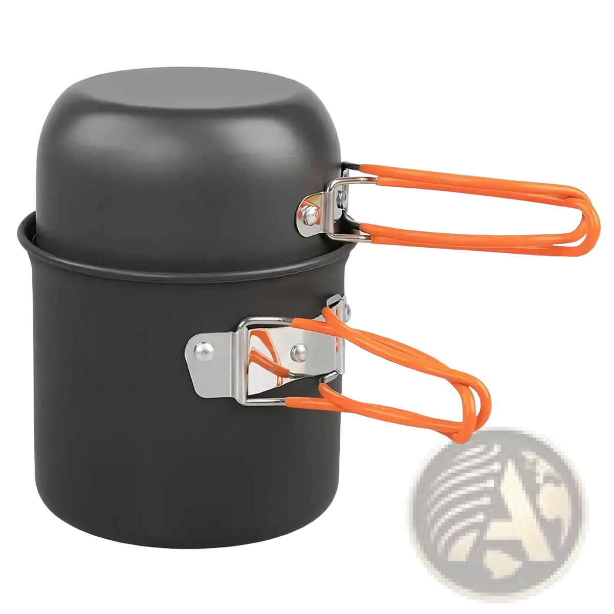 Ultralight black aluminum camping pot set with bright orange silicone handles and silver metal clasps for outdoor cooking