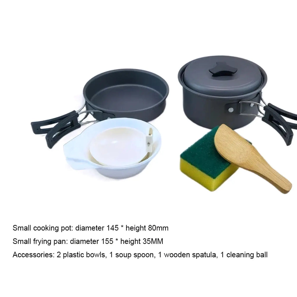 Ultralight black aluminum camping pot set with two pots frying pan plastic bowls and wooden utensils for hiking cookware