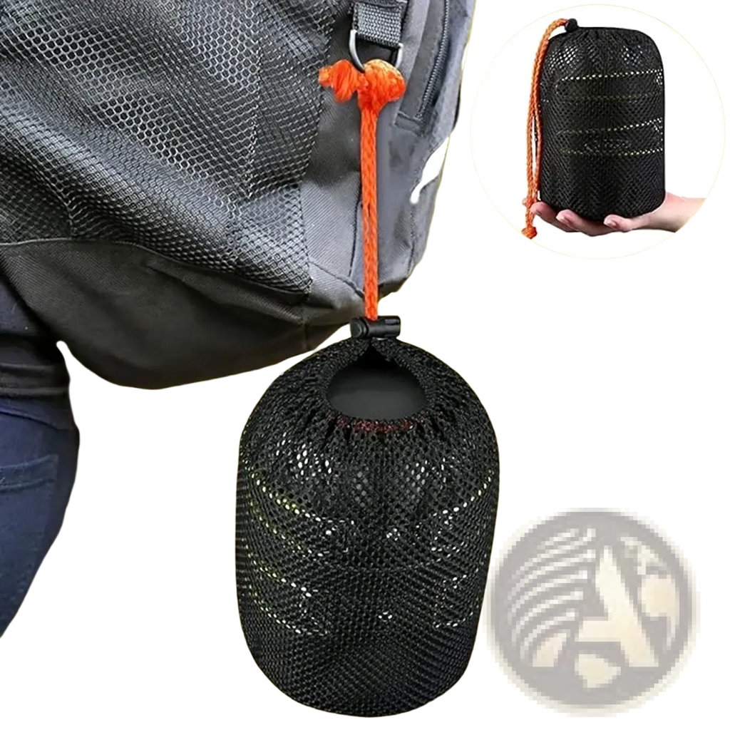 Black mesh storage pouch with orange drawstring and metal clip for ultralight camping pot set hiking cookware compact carrying