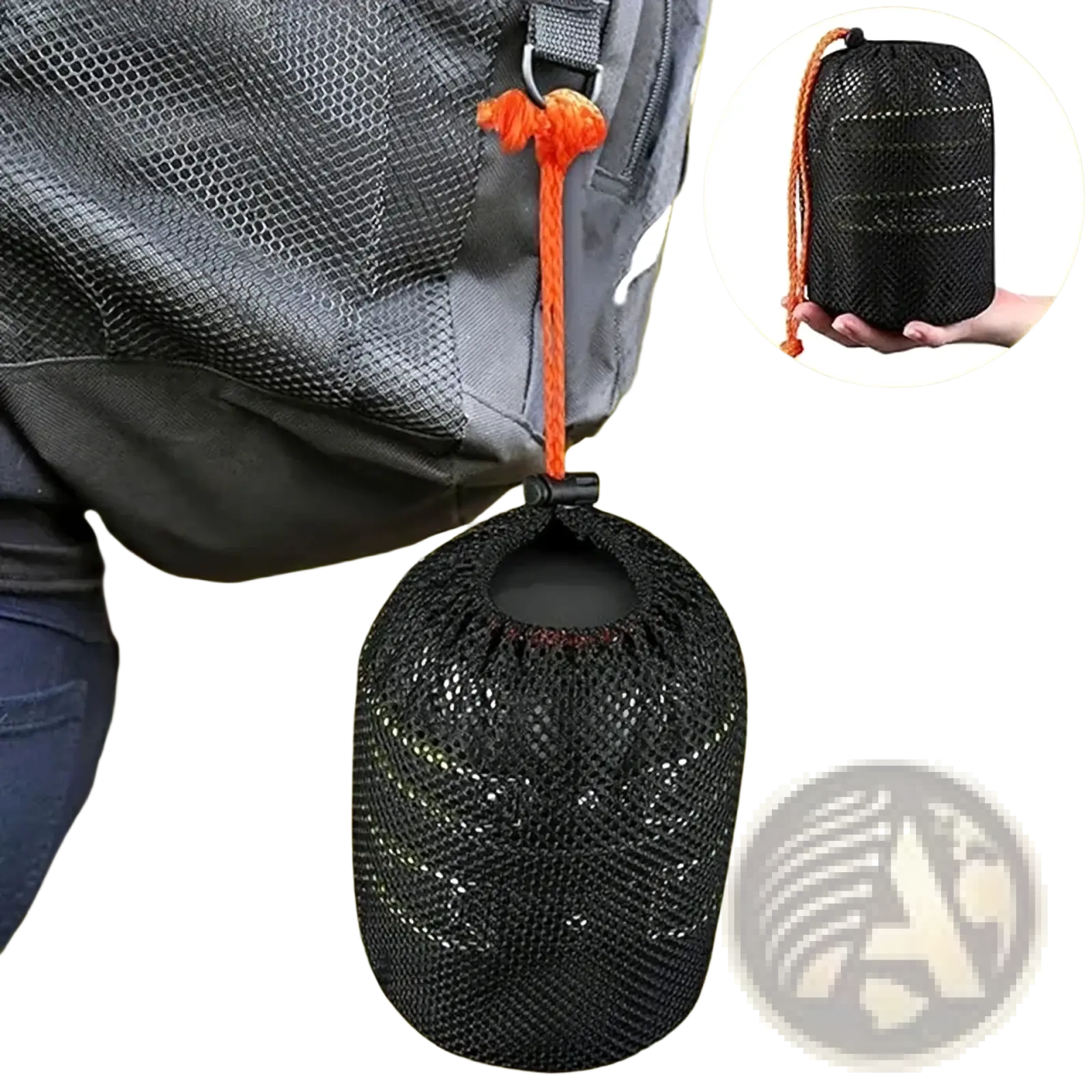 Black mesh storage pouch with orange drawstring and metal clip for ultralight camping pot set hiking cookware compact carrying