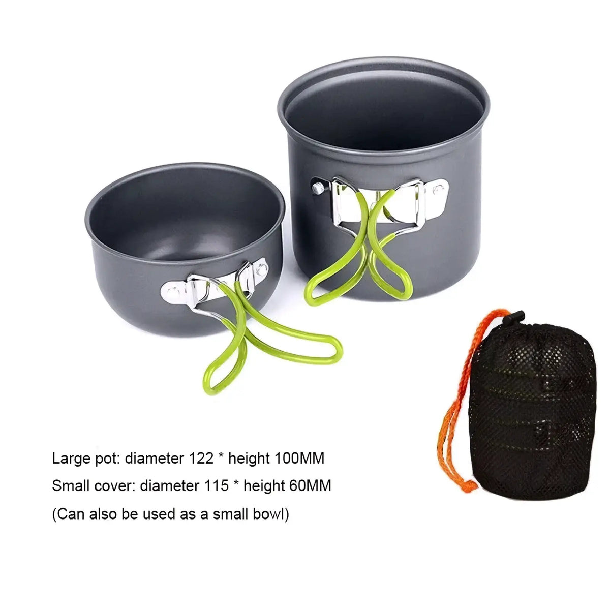 Black aluminum ultralight camping pot set with lime green silicone handles and silver clasps for hiking cookware use