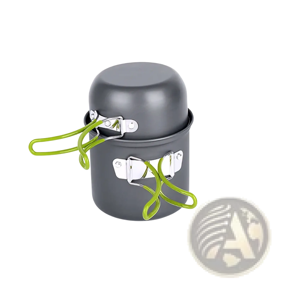 Ultralight camping pot set hiking cookware in gray aluminum with lime green straps and silver latches for outdoor use