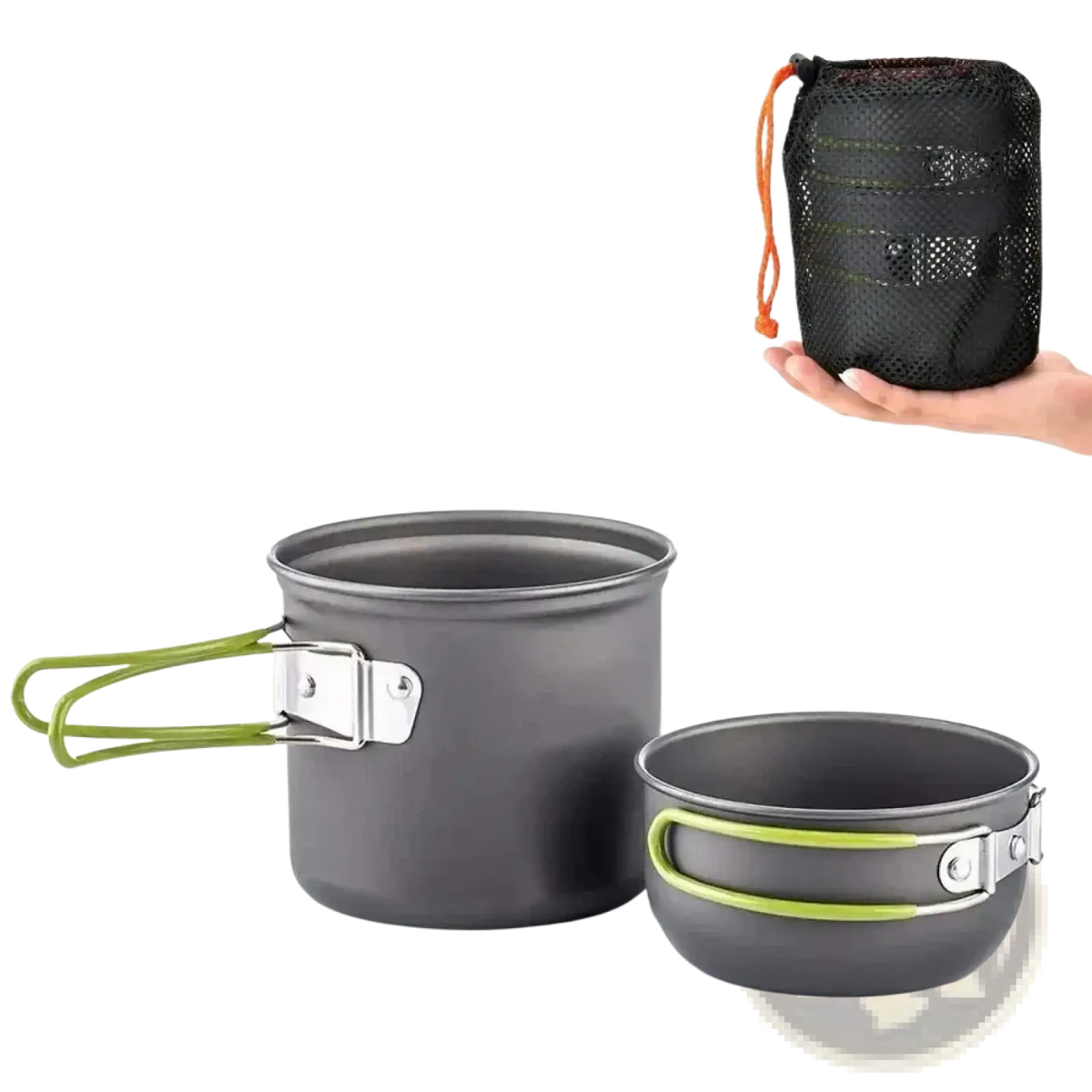 Ultralight camping pot set gray aluminum cookware with lime green silicone handles packed in black mesh bag