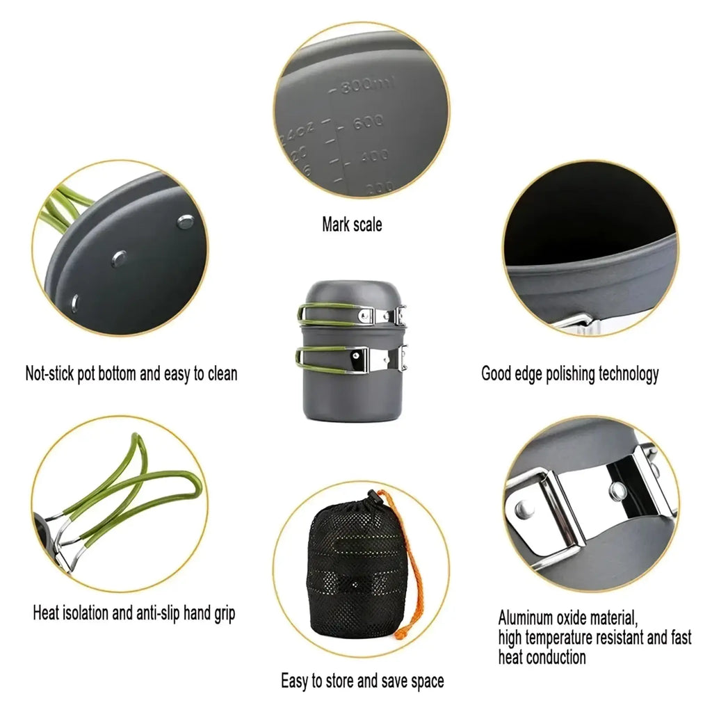 Ultralight gray aluminum oxide camping pot with green silicone straps and black mesh storage bag for hiking cookware