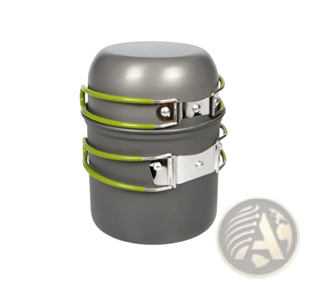 Gray ultralight three-piece camping pot set with lime green silicone straps and silver metal clasps for hiking cookware