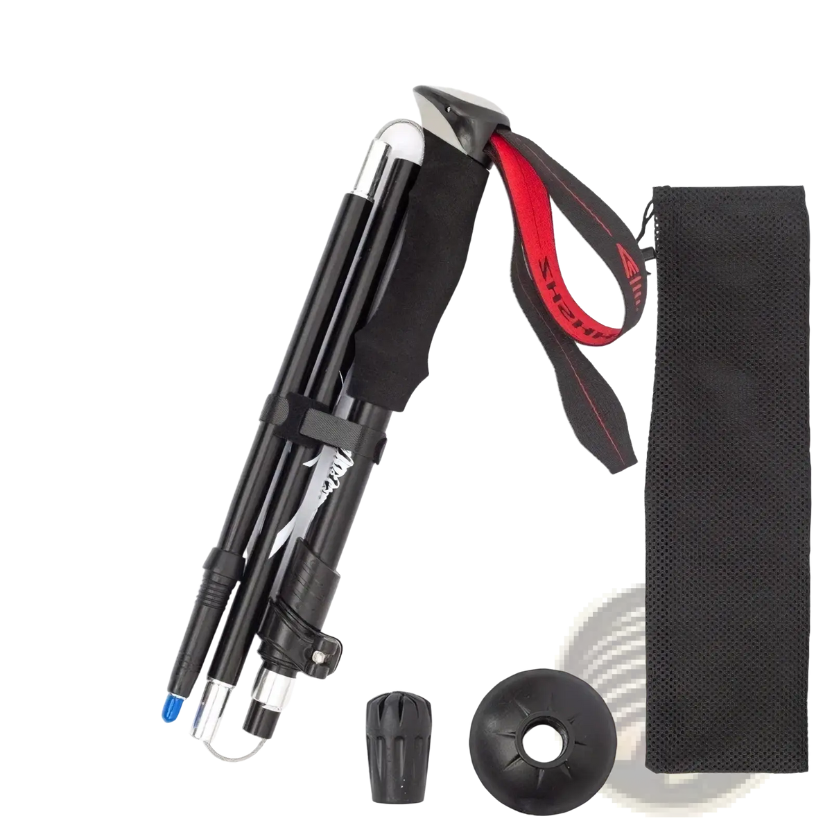 Ultralight folding trekking pole in black with adjustable length and textured grip for hiking and trekking