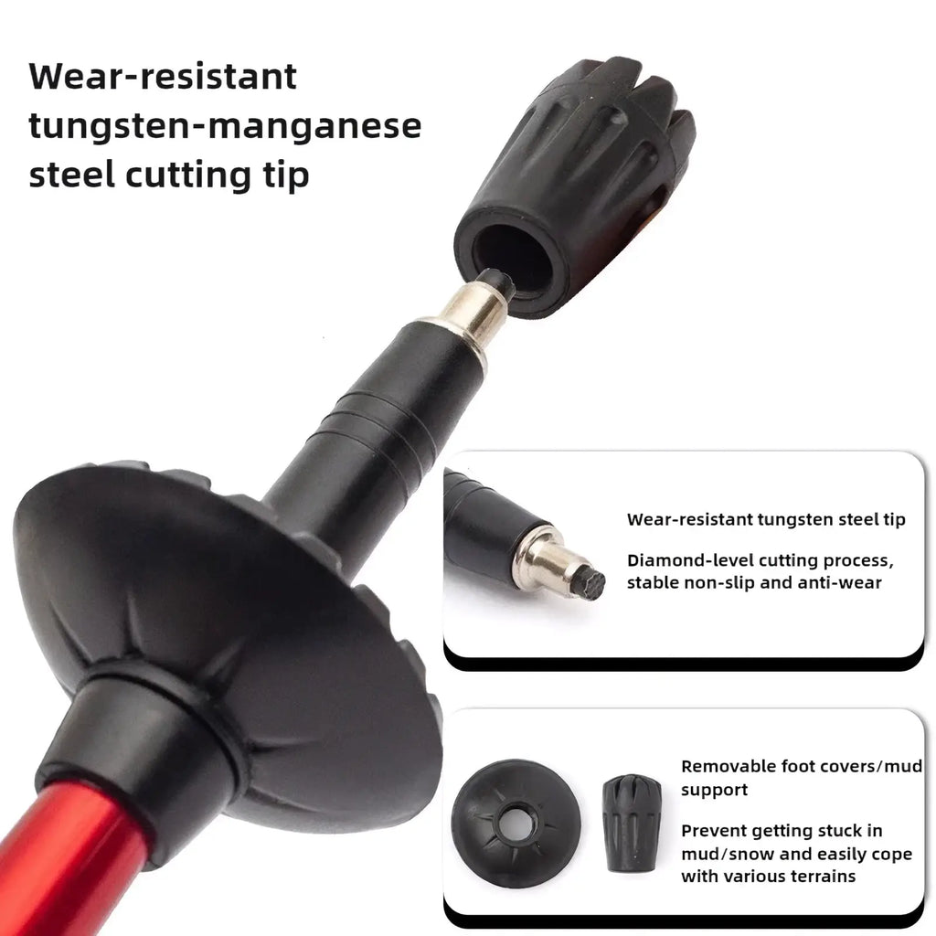Ultralight folding trekking pole in black and red with adjustable length and tungsten-manganese steel cutting tip