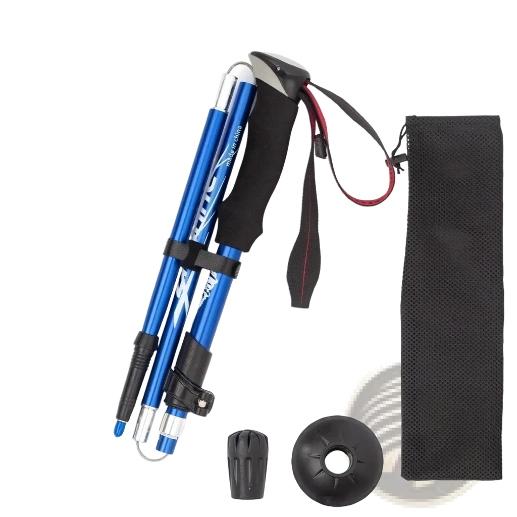 Blue aluminum ultralight folding trekking poles with black ergonomic grips and adjustable length folded next to mesh bag