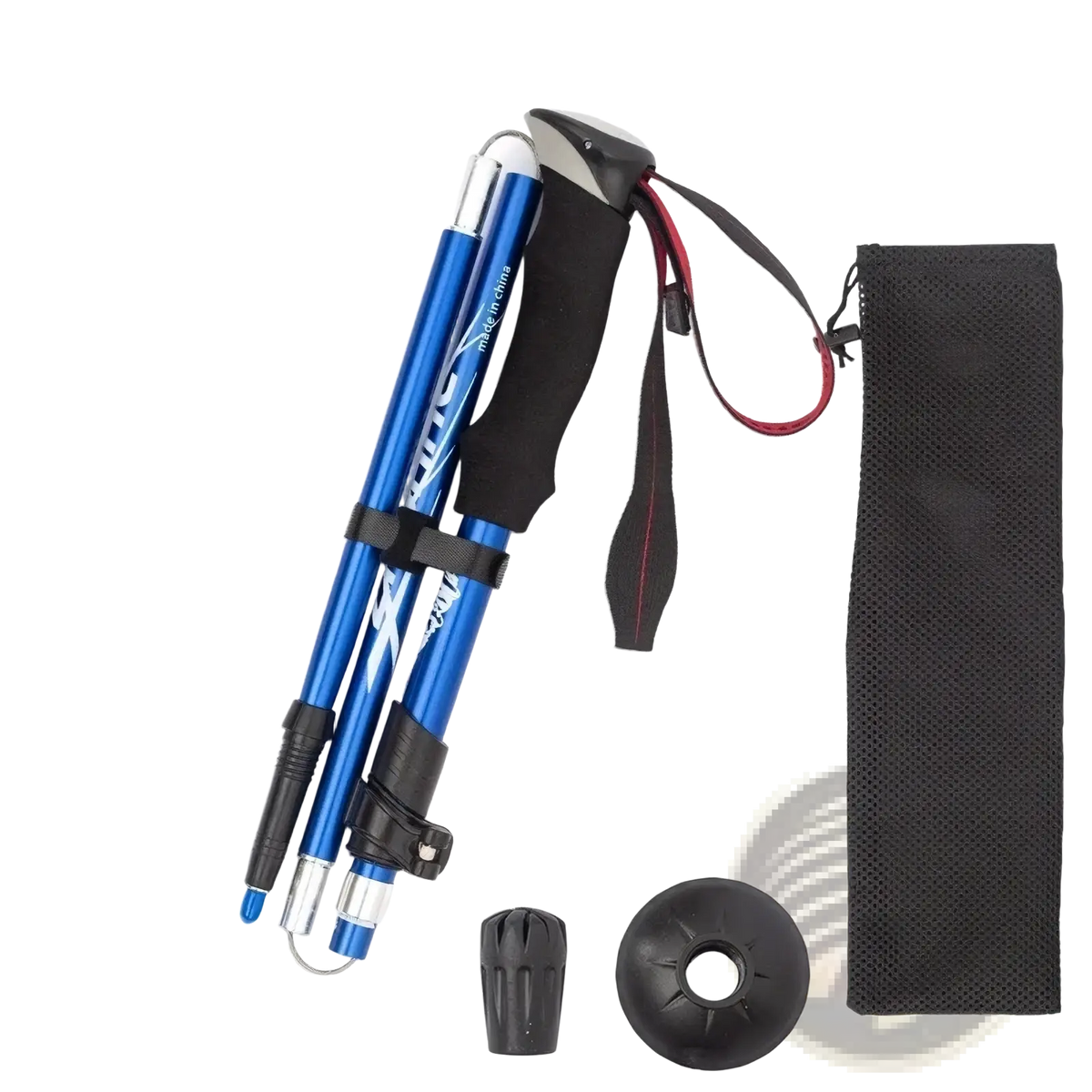 Blue aluminum ultralight folding trekking poles with black ergonomic grips and adjustable length folded next to mesh bag
