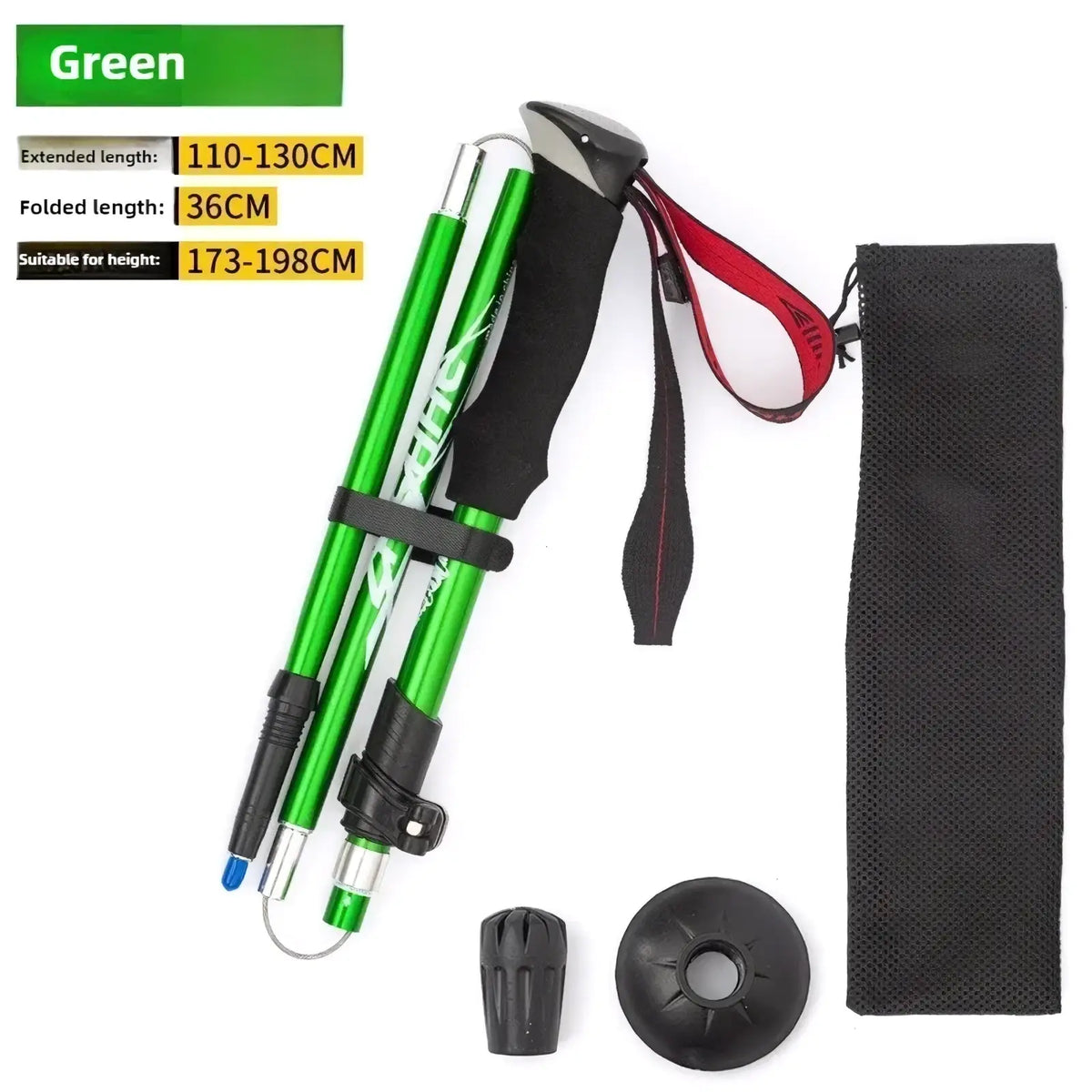 Ultralight folding trekking pole made of green aluminum with black ergonomic grips and adjustable red straps for hiking