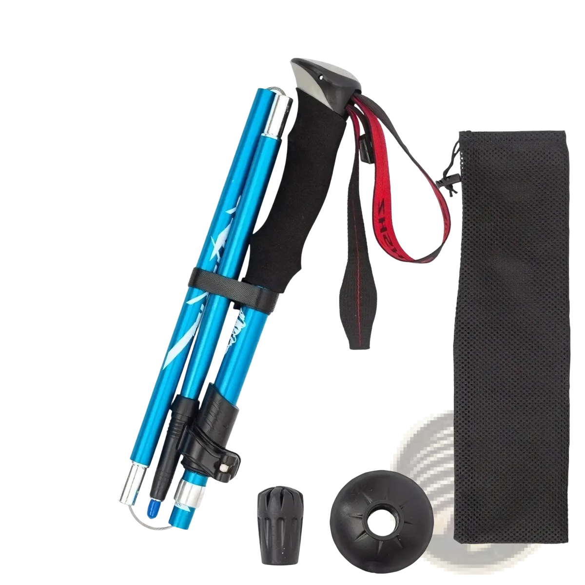 Ultralight folding trekking pole in light blue with black ergonomic grips and adjustable tips with mesh pouch