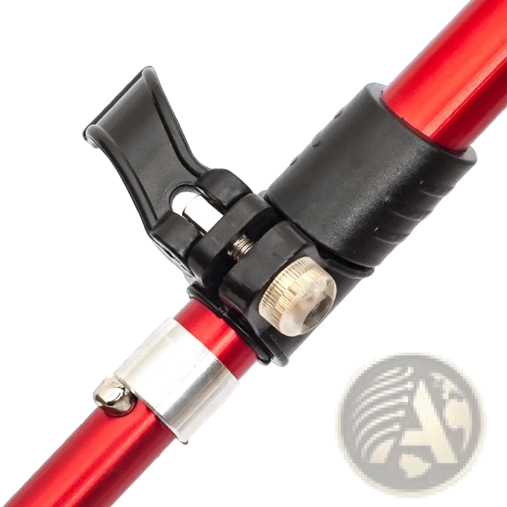 Ultralight folding trekking pole with red aluminum body black plastic grip and silver metal clamp for hiking use