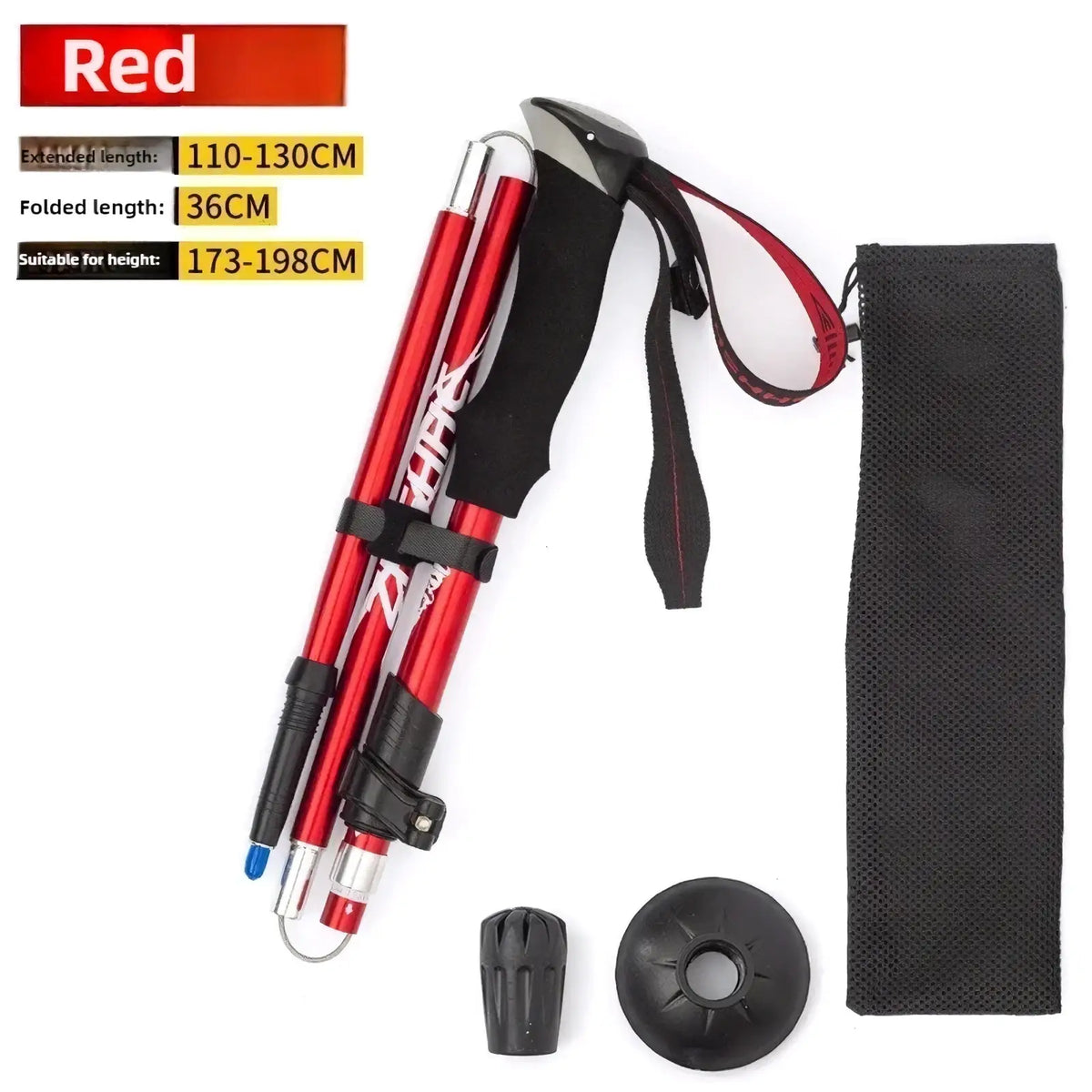 Ultralight folding trekking pole with adjustable red aluminum shaft and black grip featuring branded logo for hiking