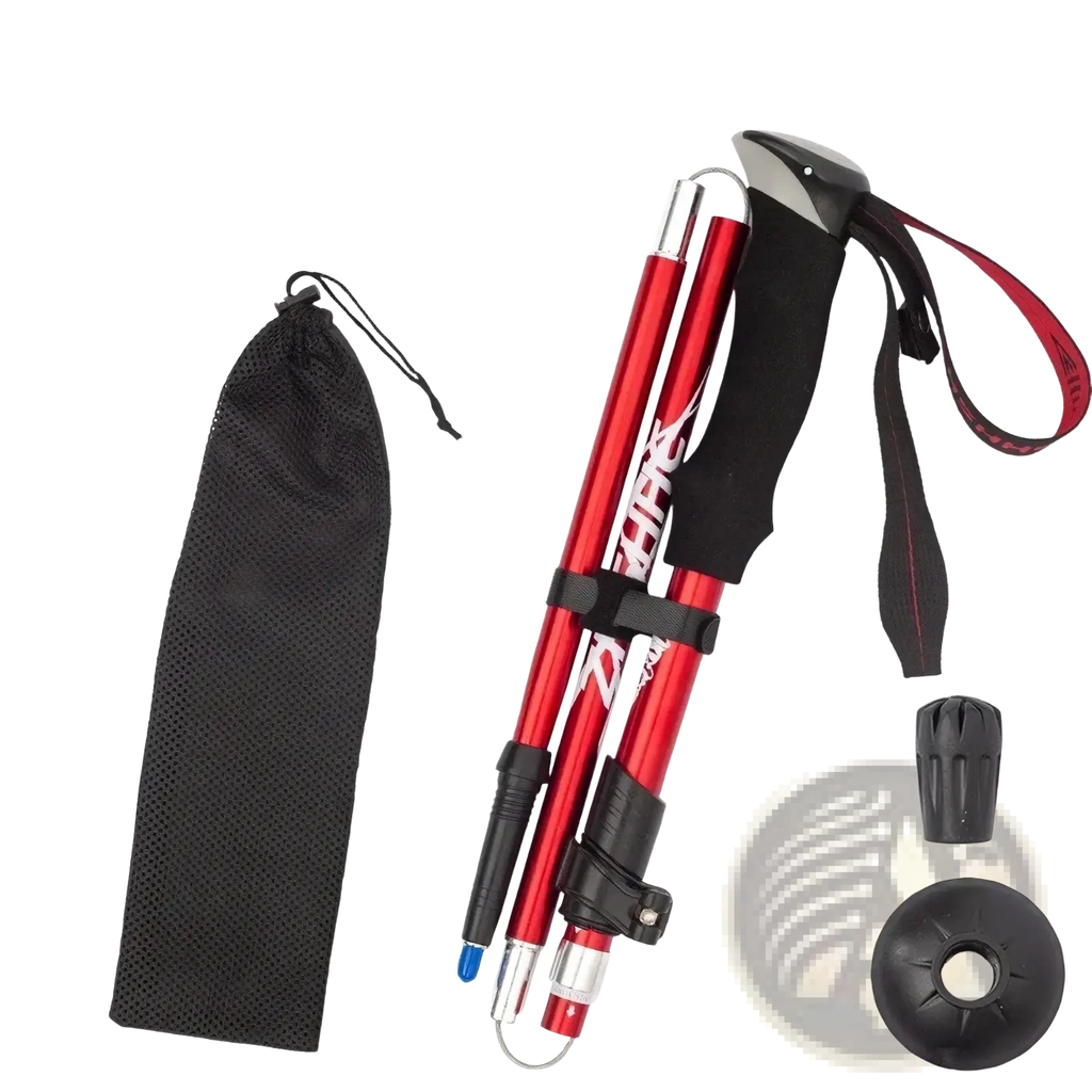 Ultralight folding trekking pole adjustable hiking stick in red and black with textured grip and silver accents