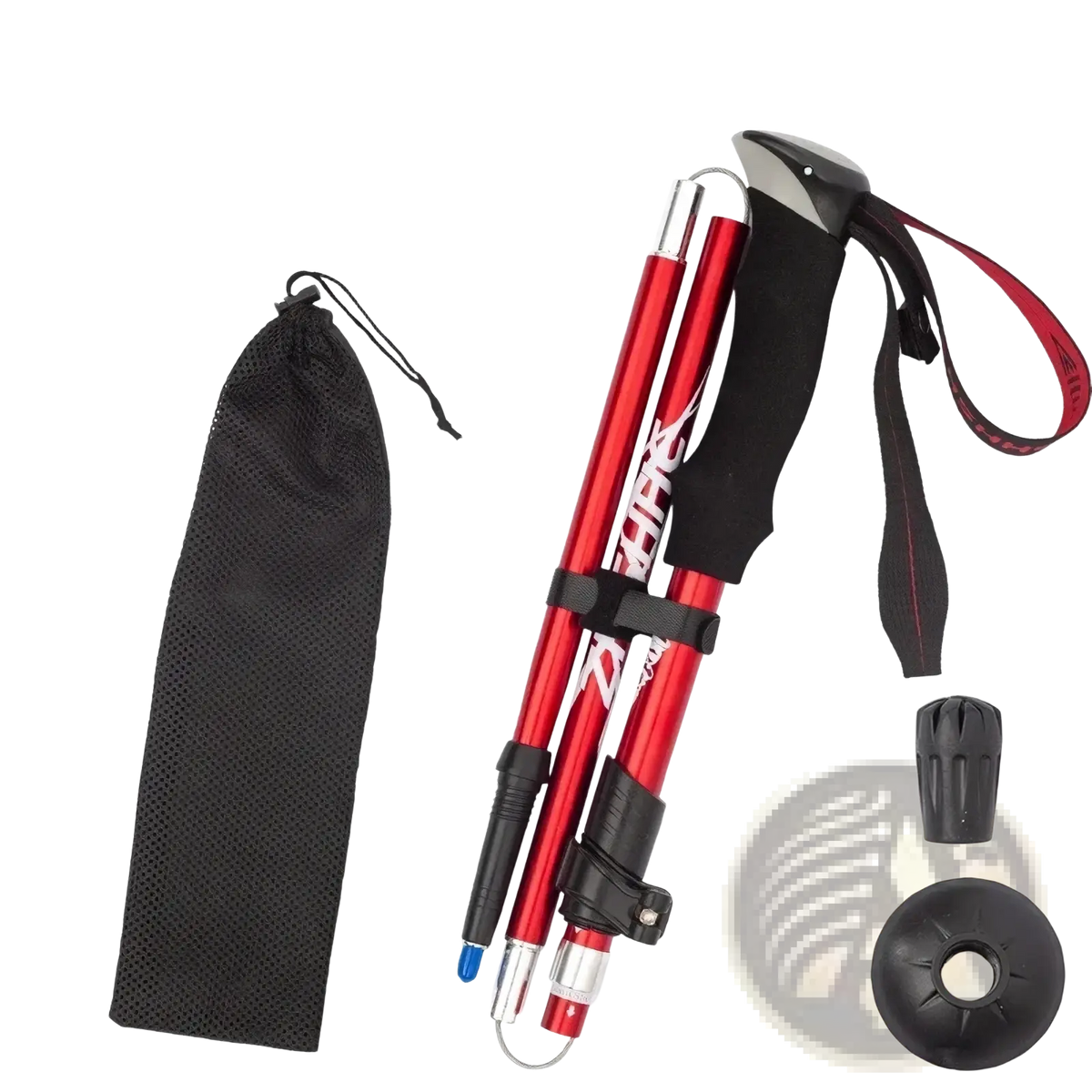 Ultralight folding trekking pole adjustable hiking stick in red and black with textured grip and silver accents