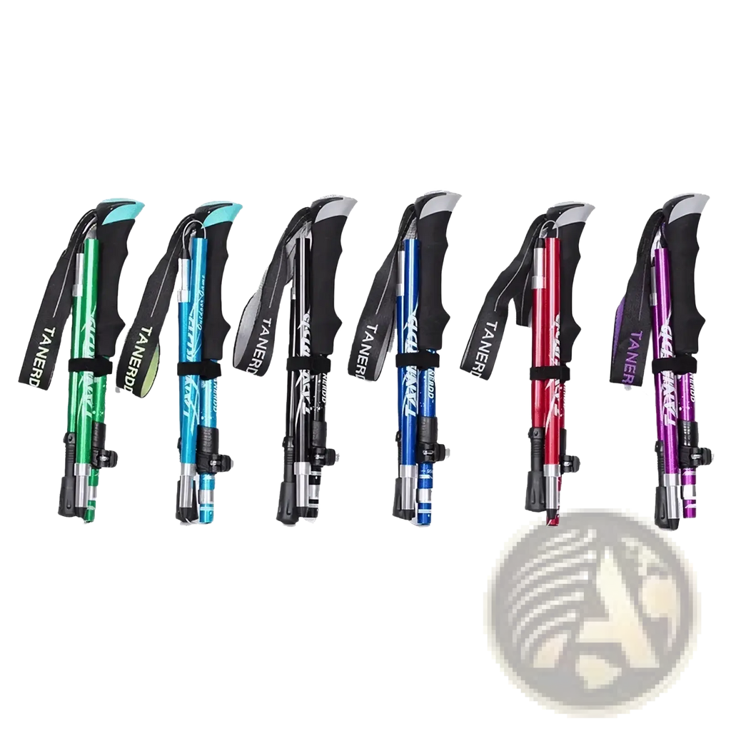 Tanerd ultralight folding trekking poles in green blue black red and purple with ergonomic grips and adjustable sections
