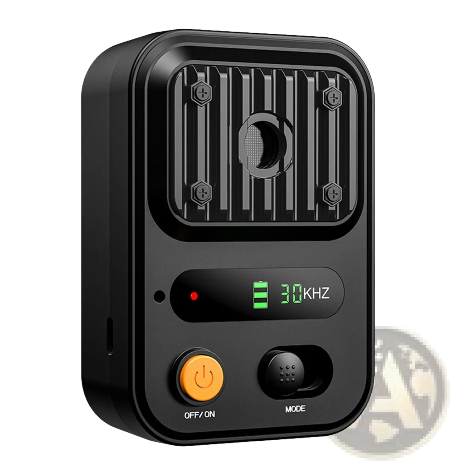 Black rectangular ultrasonic anti-barking device with ribbed top panel, orange power button, green digital display showing 30 khz