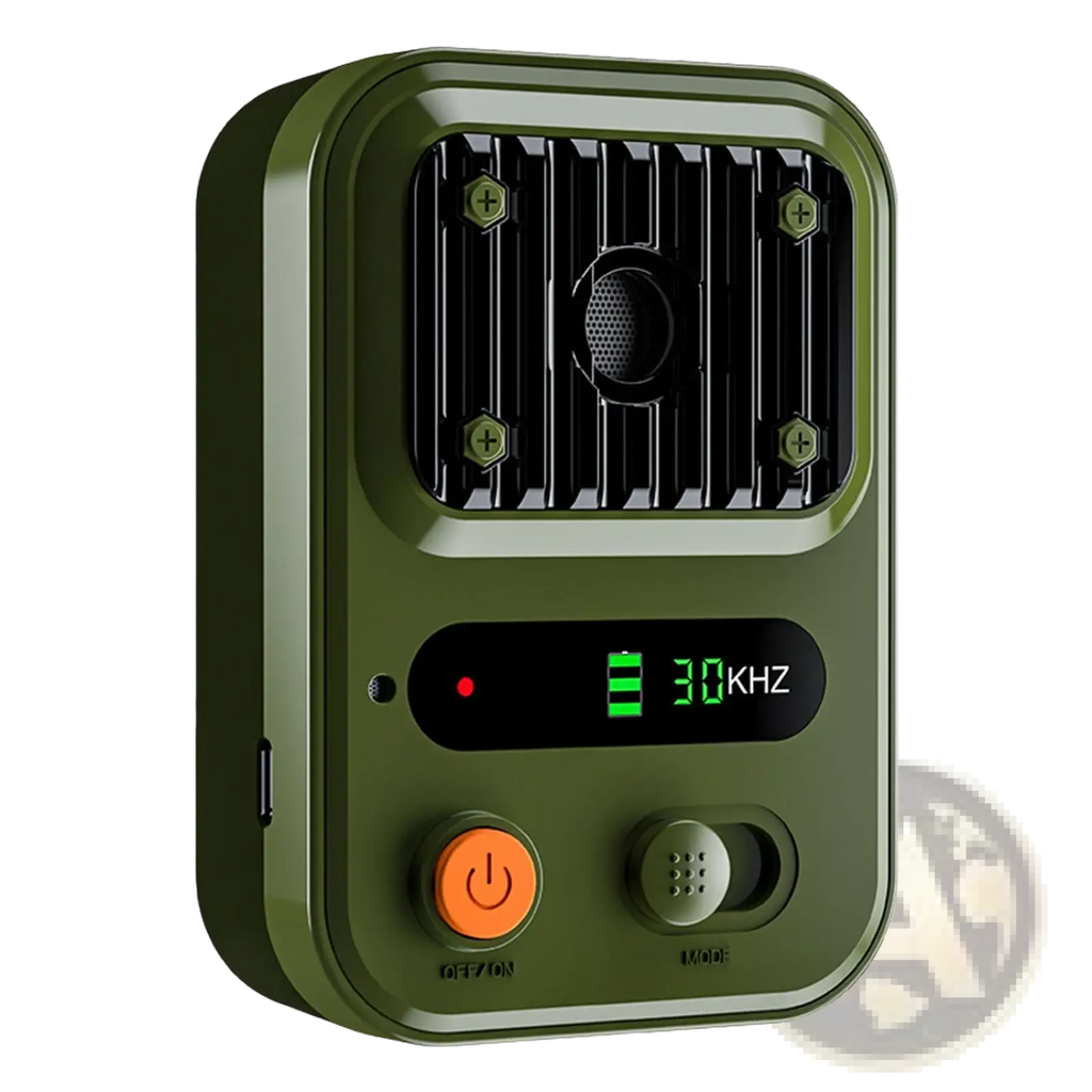 Ultrasonic anti-barking device ipx4 waterproof trainer in olive green with black grille orange button and 30 khz display