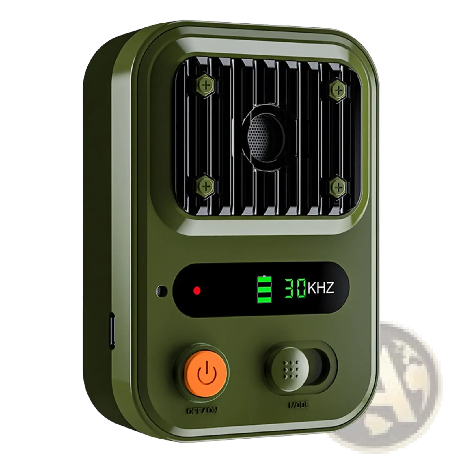 Ultrasonic anti-barking device ipx4 waterproof trainer in olive green with black grille orange button and 30 khz display