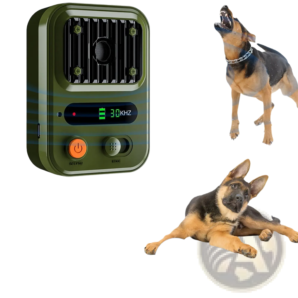 Olive green ultrasonic anti-barking device ipx4 waterproof trainer with digital display showing 30 khz and orange power button