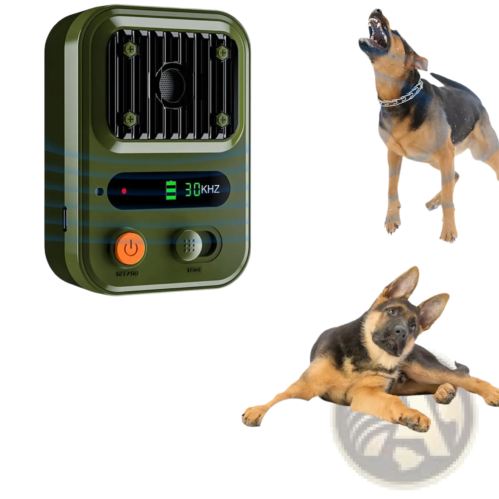 Olive green ultrasonic anti-barking device ipx4 waterproof trainer with digital display showing 30 khz and orange power button