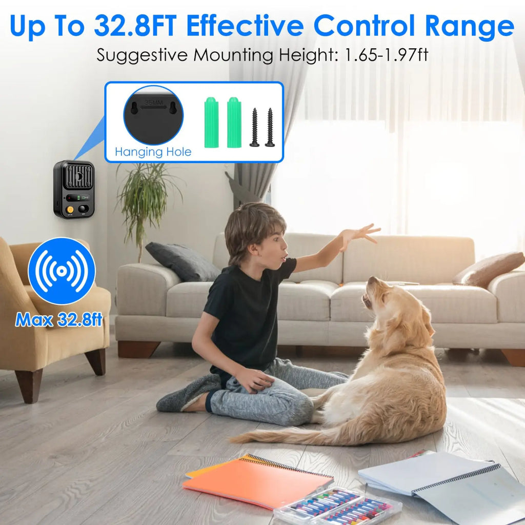 Black ultrasonic anti-barking device wireless pet collar transmitter with hanging hole and mounting screws shown from back side