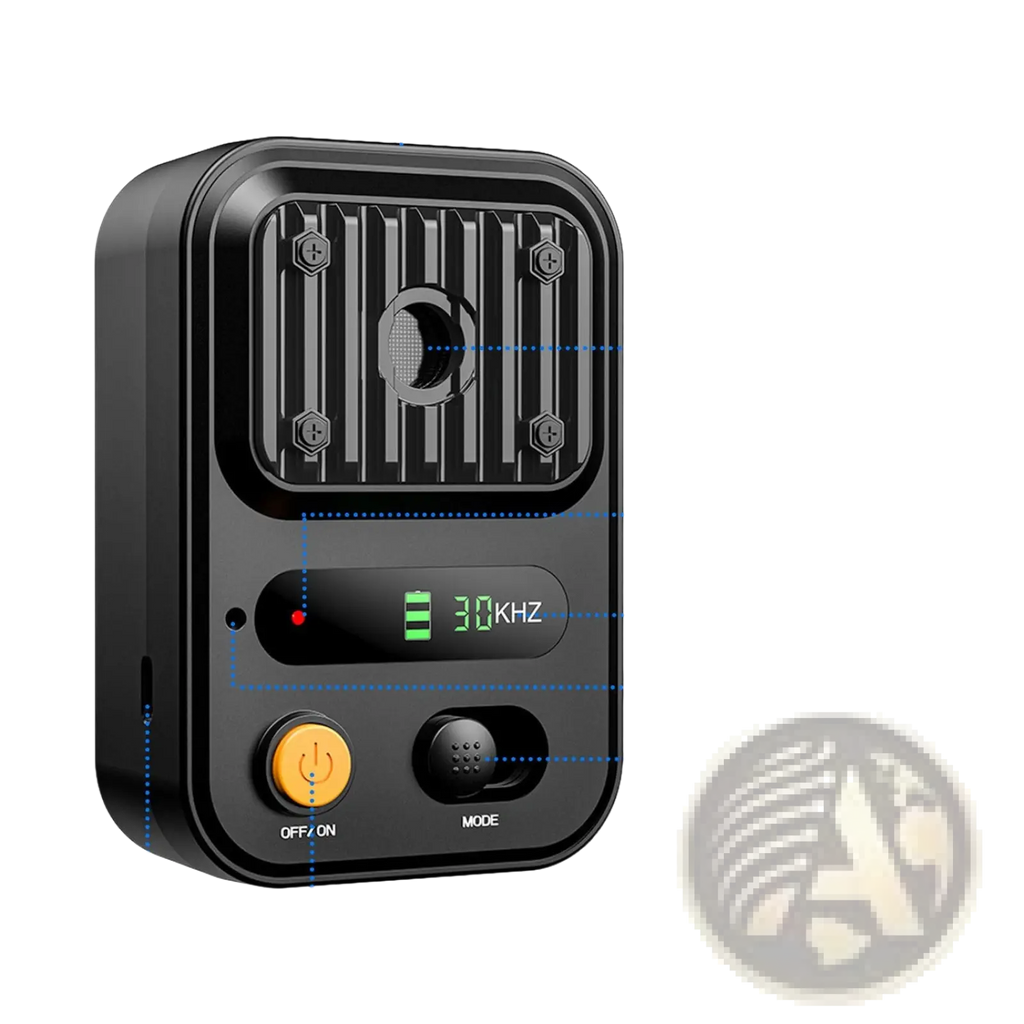 Black rectangular ultrasonic anti-barking device with textured front panel and digital display showing 30 khz frequency