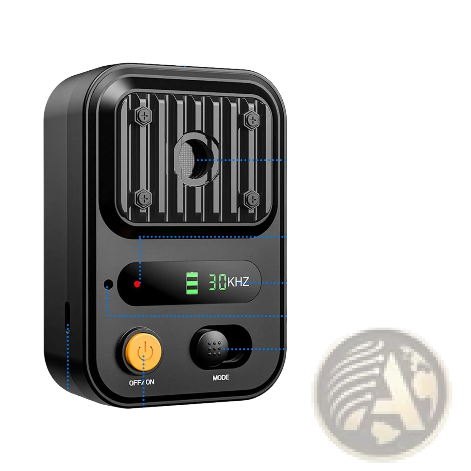Black rectangular ultrasonic anti-barking device with textured front panel and digital display showing 30 khz frequency