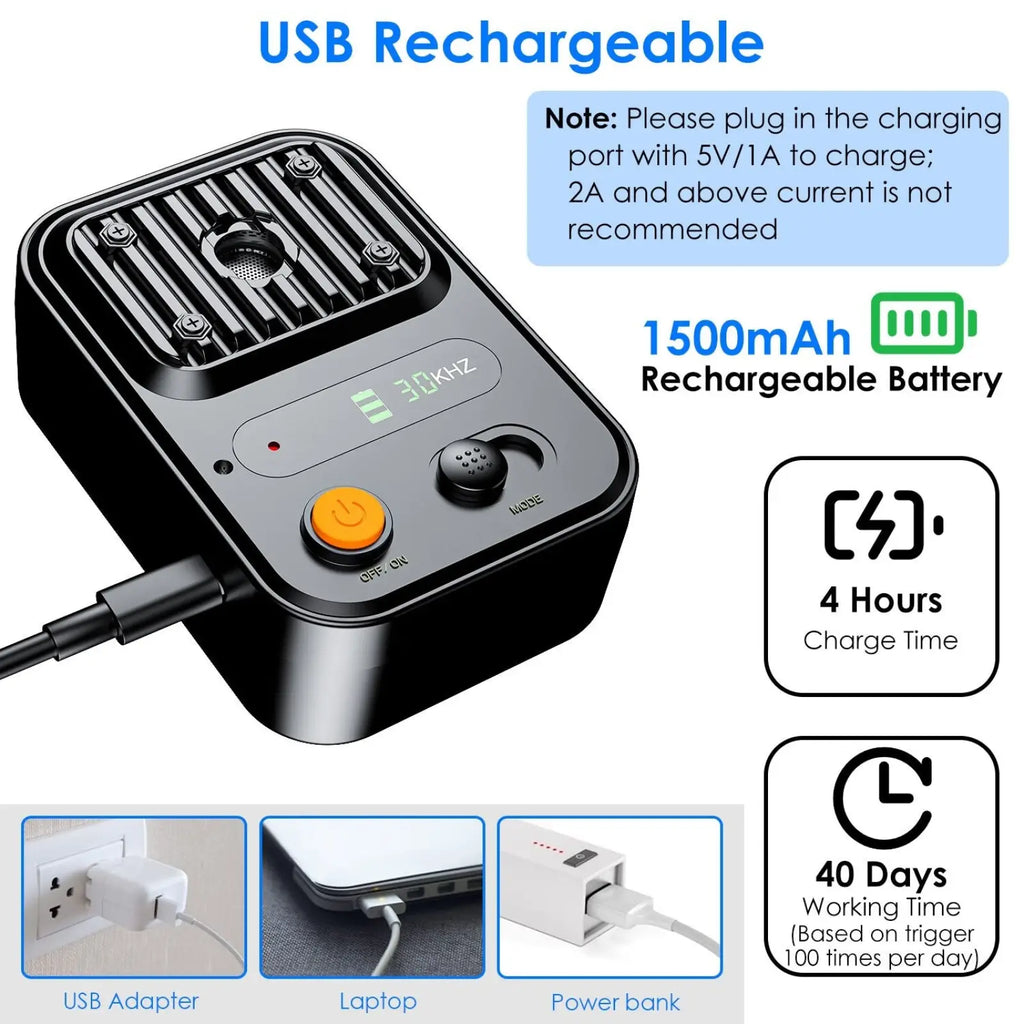 Black usb rechargeable ultrasonic anti-barking device with 1500mah battery, orange power button, and digital frequency display
