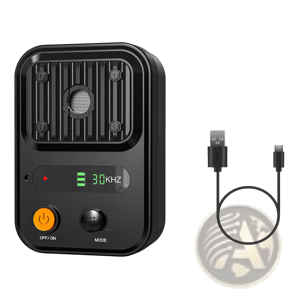 Black rectangular ultrasonic anti-barking device transmitter with digital display 30khz orange power button and mode dial