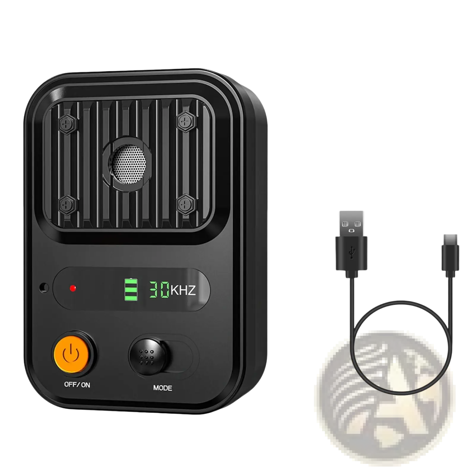 Black rectangular ultrasonic anti-barking device transmitter with digital display 30khz orange power button and mode dial
