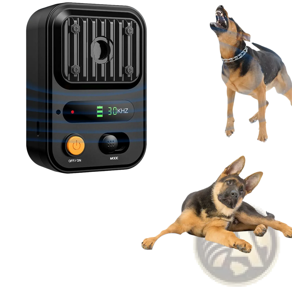 Black rectangular ultrasonic anti-barking device with digital display showing 30 khz and control buttons for power and mode