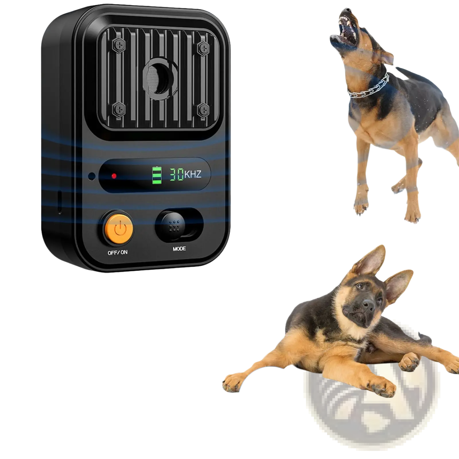 Black rectangular ultrasonic anti-barking device with digital display showing 30 khz and control buttons for power and mode