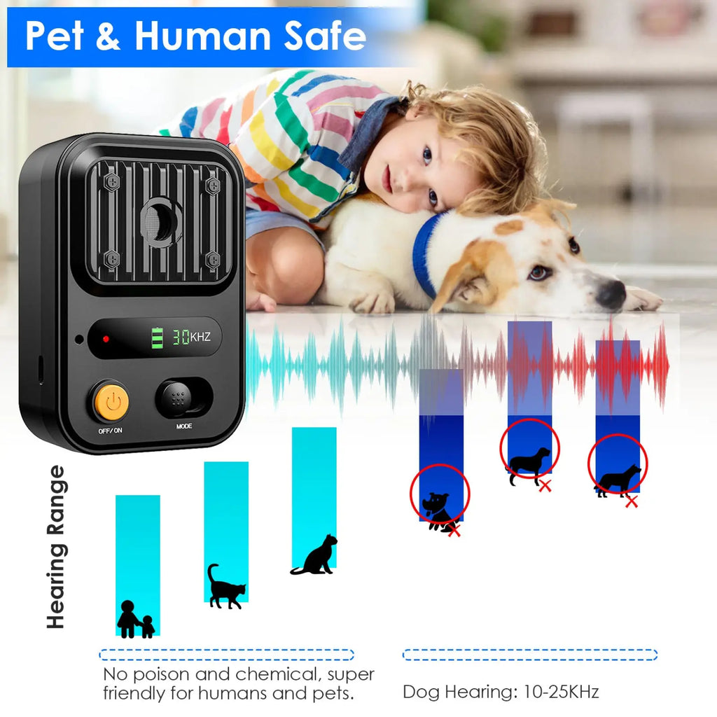 Black ultrasonic anti-barking device with digital display 30khz, control buttons, and vertical slits for pet training
