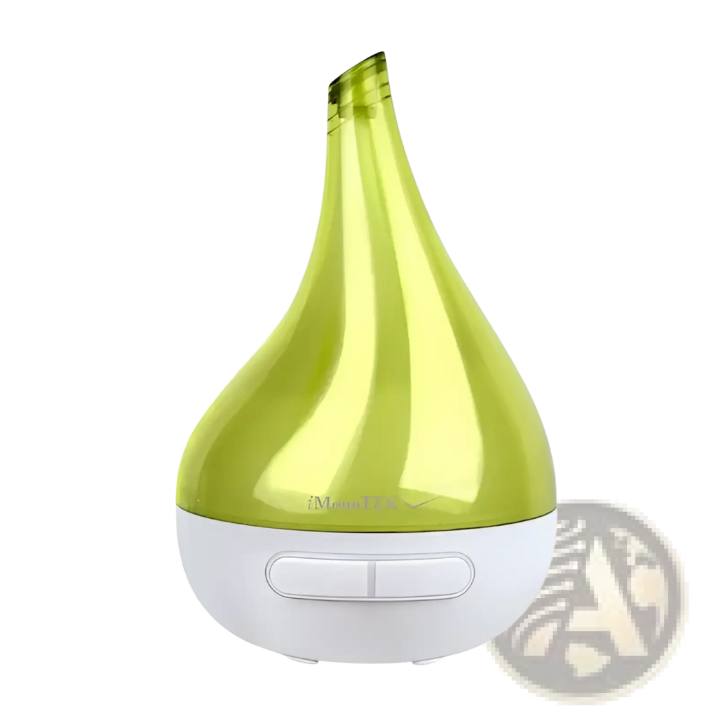 A sleek lime-green glass ultrasonic aroma diffuser with a white base and minimalist control panel 177ml capacity