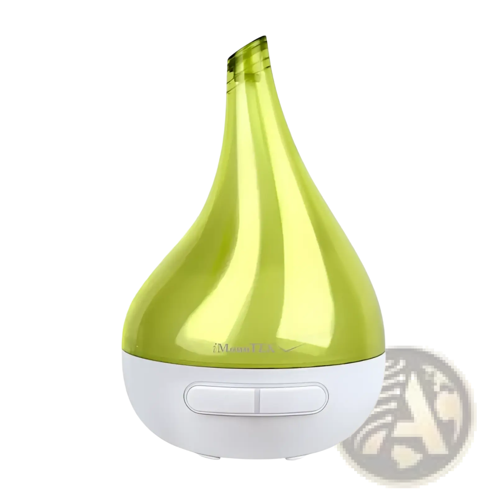 A sleek lime-green glass ultrasonic aroma diffuser with a white base and minimalist control panel 177ml capacity