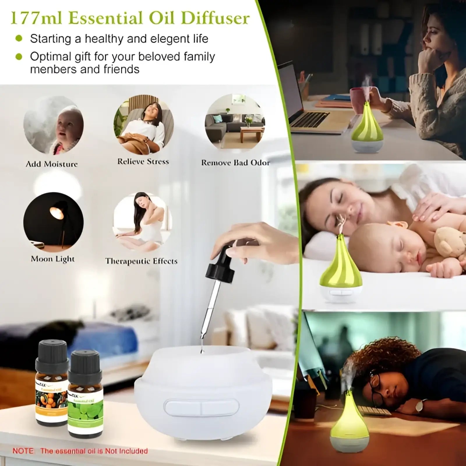 White ceramic ultrasonic aroma diffuser with sleek rounded base and slender green glass neck 177ml capacity