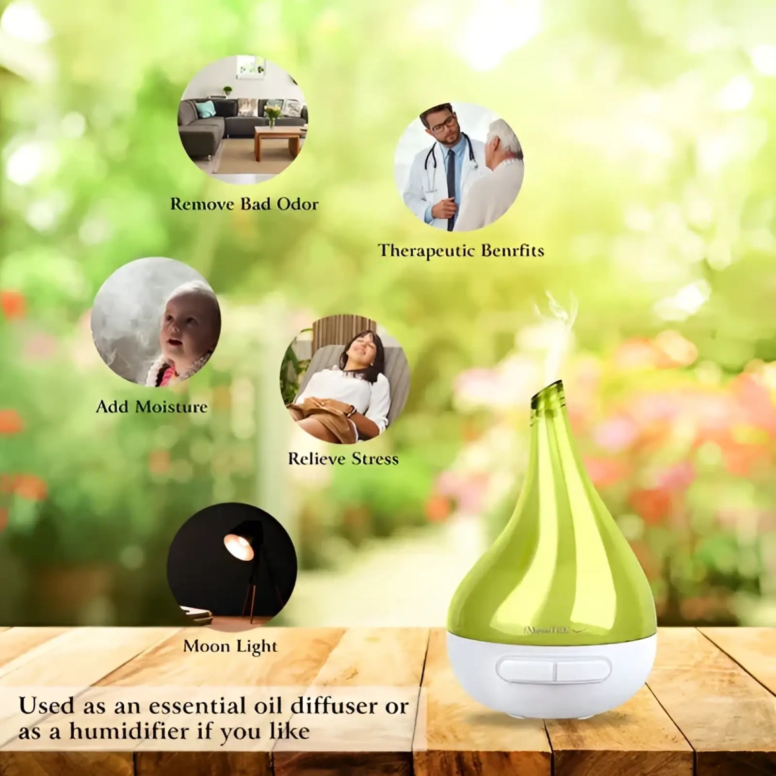 Ultrasonic aroma diffuser teardrop humidifier in lime green and white with 177ml capacity and sleek design